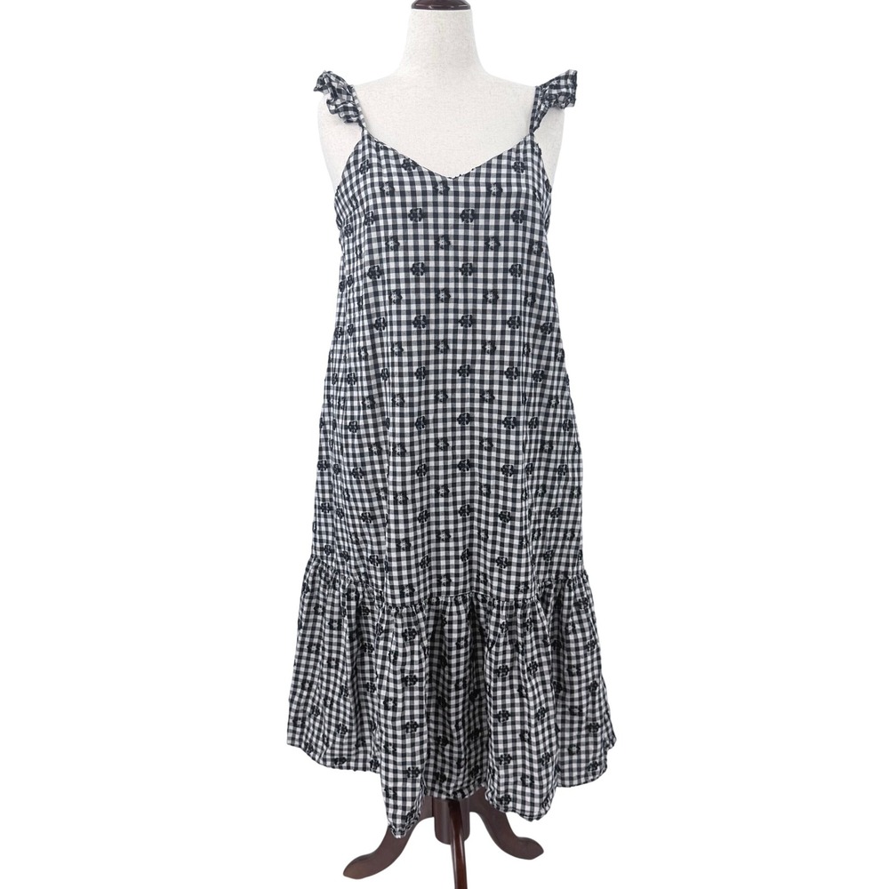 Madewell Gingham Floral Embroidered Midi Dress Black White Ruffle Tassel Size 10